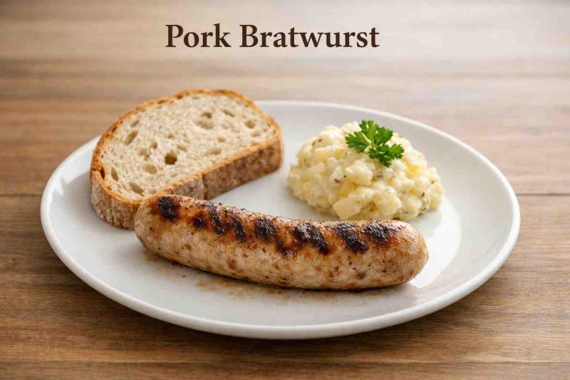 Pork Bratwurst plated simply with bread and potato salad — German sausages for beginners