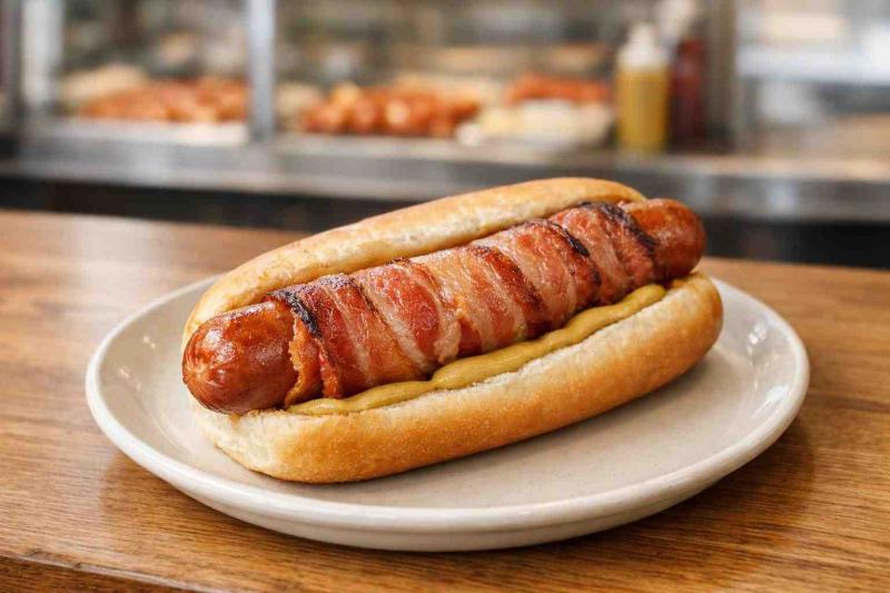 Bacon-wrapped frankfurter in a bun on a plate at a casual counter, styled for a German sausages for beginners blog.