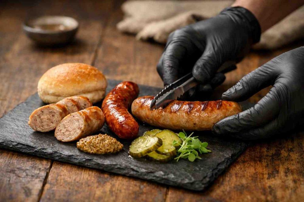 Three German sausages plated subtly among British-style sides to test a mixed menu approach, chef arranging them with tongs — a practical scene for German sausages for beginners