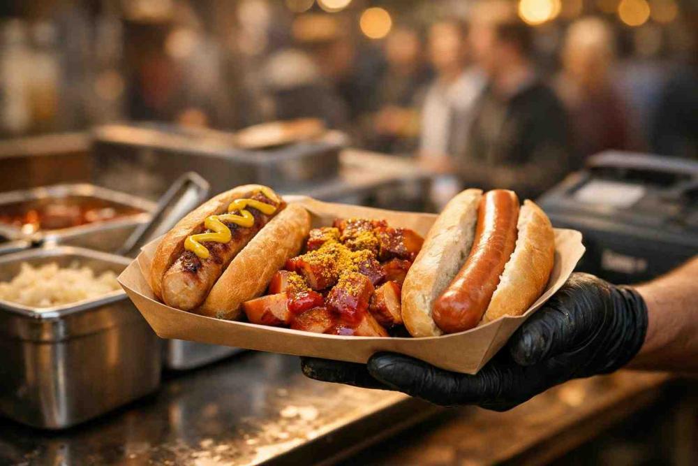 Variant 3 of 3 — Photorealistic street-food tray of German sausages for beginners: bratwurst, currywurst and frankfurter handed to a customer at a festival.