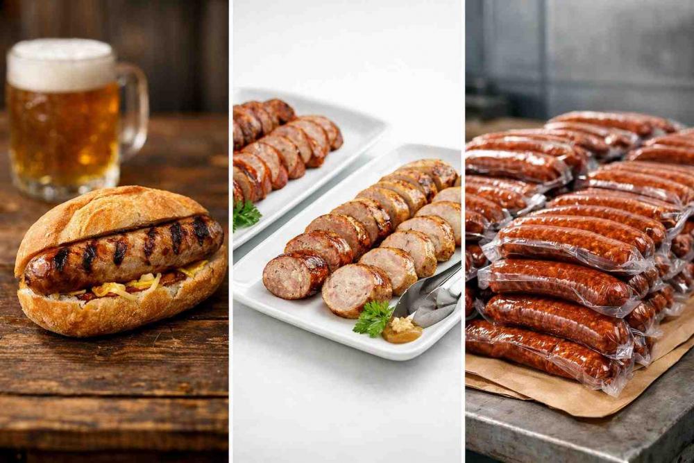 Photorealistic triptych titled German sausages for beginners — Variant 1: pub-style bratwurst in a bun, plated sliced sausages for catering service, and vacuum-packed bulk sausages for foodservice buyers.
