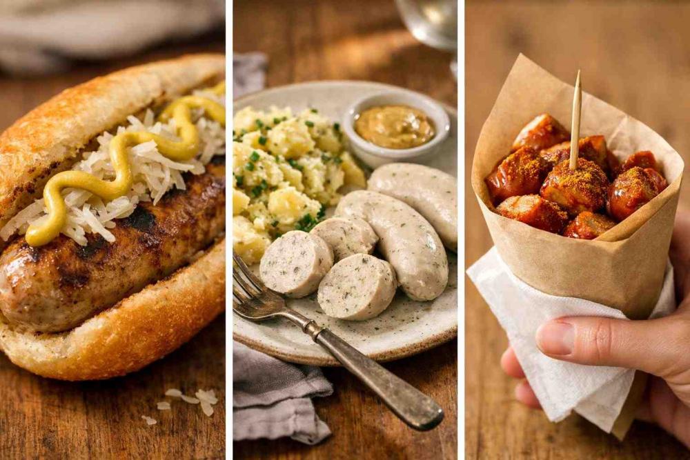 Three-panel editorial food photo showing sausage in a bun, plated sliced sausage with potato salad, and wrapped grab-and-go currywurst — German sausages for beginners (Variant 1 of 3)