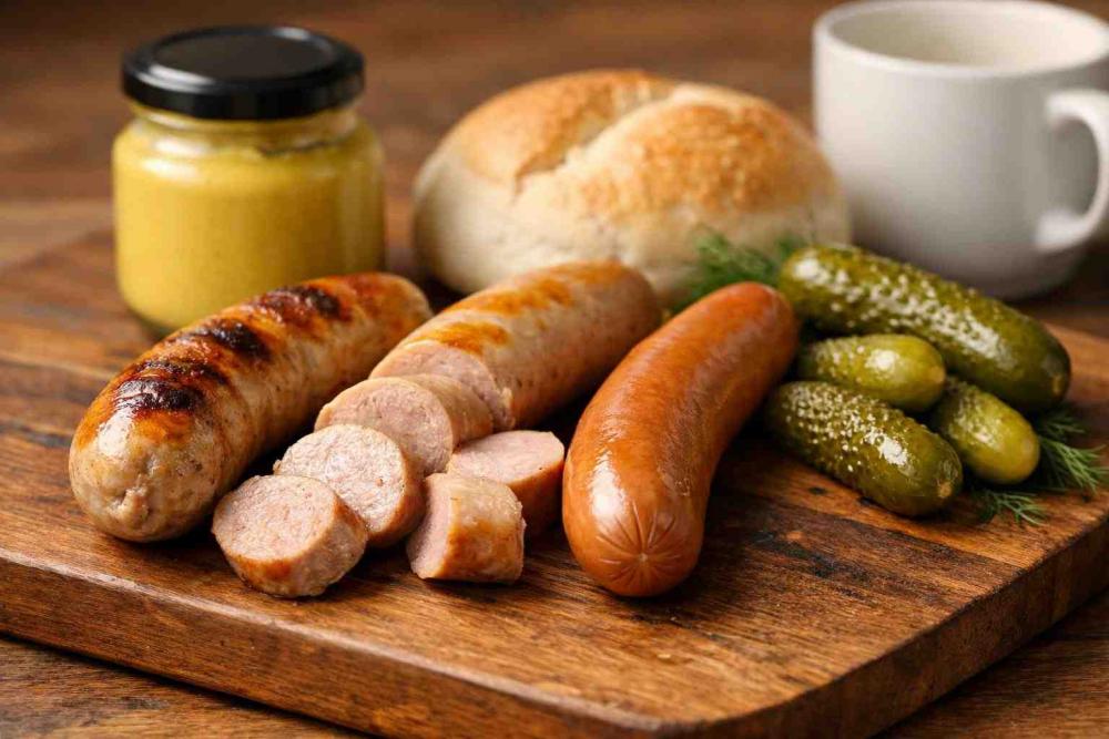 Variant 1 of 3: three German sausages on a wooden board with mustard, crusty bap and tea, styled for UK customers — German sausages for beginners.