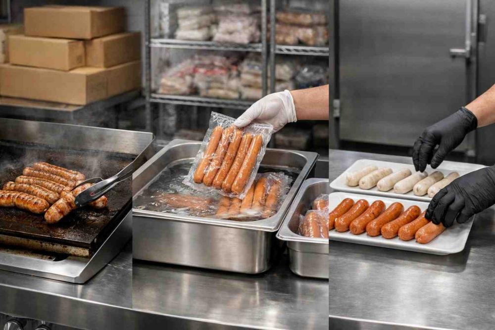 A clean commercial service line with three stations: a grill finishing browned pork bratwursts with visible grill marks, a bain-marie gently warming vacuum-packed frankfurters, and a hotplate/oven area reheating bockwurst and weisswurst for plating; gloved hands transfer sausages to labeled serving trays, with storage racks and boxed wholesale supply blurred in the background.
