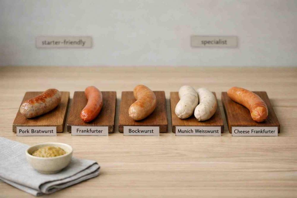 Five sausages on individual wooden boards with small clear labels: Pork Bratwurst, Frankfurter (plain), Bockwurst, Munich Weisswurst, Cheese Frankfurter. Simple linen napkins, a small dish of mustard, and subtle background markers indicating 'starter-friendly' vs 'specialist'. Neutral, practical tabletop scene for a sausage-buying guide.