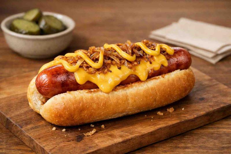 Cheese Frankfurter in a toasted soft bun topped with melted yellow cheese, caramelized onions and mustard on a wooden board, with a small dish of pickles and a paper napkin beside it.