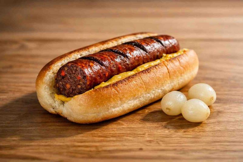 Chilli beef frankfurter in a toasted bun, sliced to show darker beef interior with red chilli flecks, thin smear of mustard and three pickled onions on a wooden table in warm natural light.