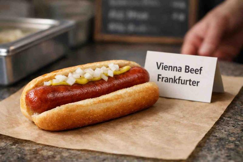 Vienna Beef frankfurter in a lightly toasted bun on butcher paper with a swipe of mustard, diced onions, and a small printed label card reading “Vienna Beef Frankfurter”; blurred steam table edge, chalkboard menu, and staff hand in the background.