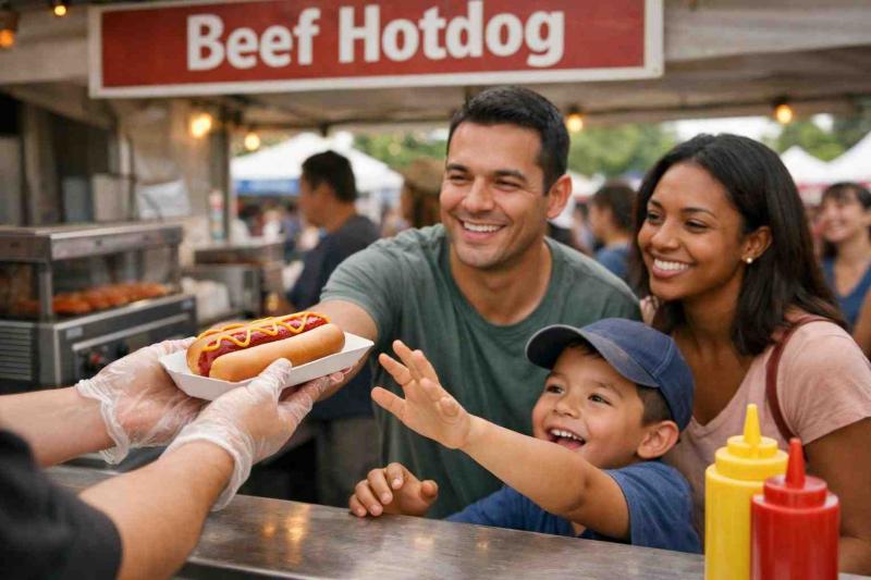 Vendor hands a plain beef hotdog with ketchup and mustard in a soft bun to a smiling family at a busy outdoor festival stall; a bold “Beef Hotdog” sign is visible above the counter.
