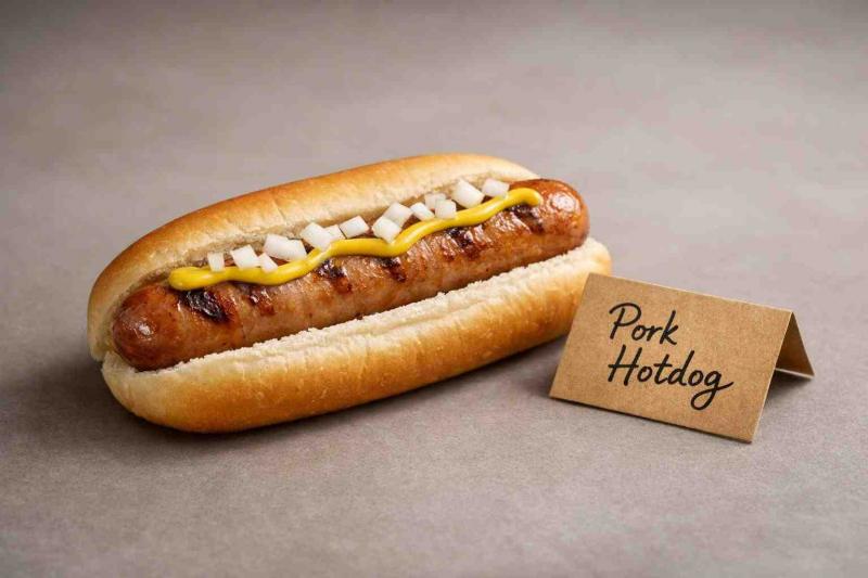 A single pork hotdog in a plain soft bun on a neutral gray background, with a light grill sear, a thin line of mustard and a sprinkle of chopped raw onions. A small folded kraft paper tag beside it reads “Pork Hotdog.”