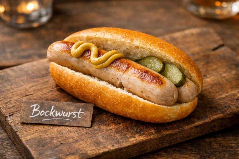 A single Bockwurst split in a bun on a wooden board, topped with a swirl of German mustard and accompanied by pickled gherkin slices; a small paper tag on the board reads “Bockwurst”, with a softly blurred pub-style background.