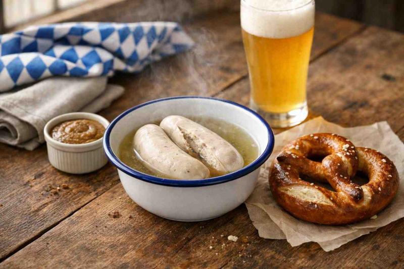 Rustic wooden table set for a Bavarian morning: an enamel bowl with pale split Munich Weisswurst in hot broth, a soft pretzel on parchment, a pot of sweet mustard, and a tall cloudy Weissbier. A linen napkin and a blue-and-white check cloth are partly visible; soft natural light conveys warmth and tradition.