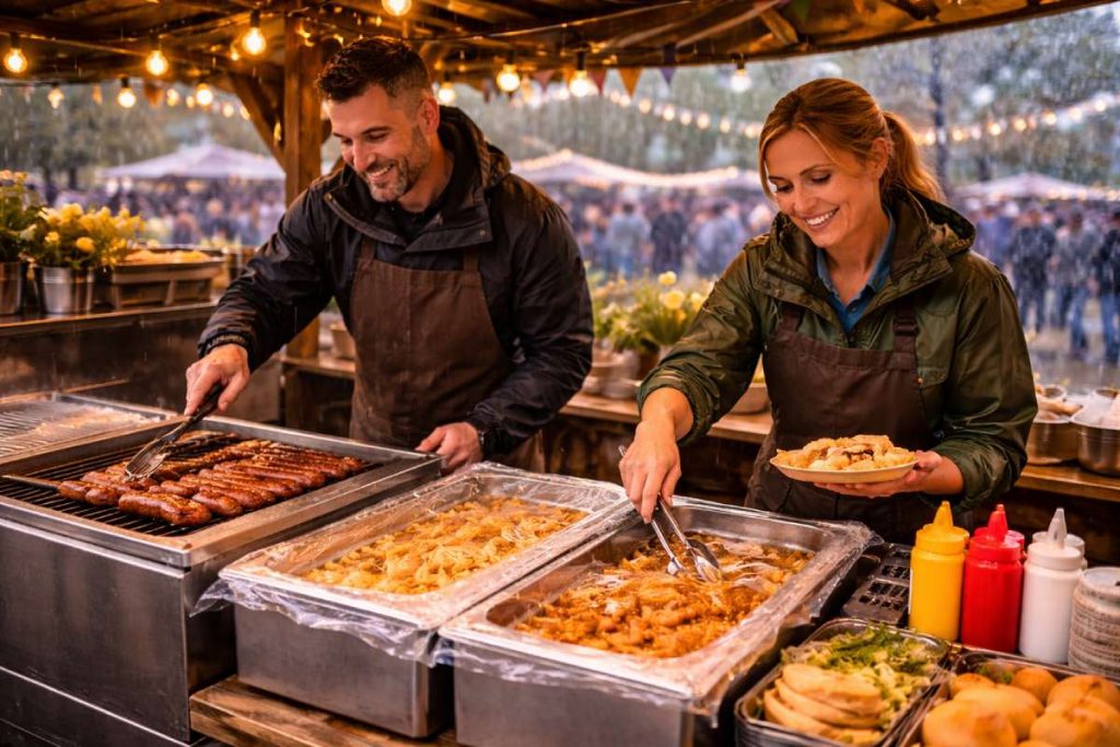 Caterers serving hot food from a covered sausage stall in rainy weather during an Easter event