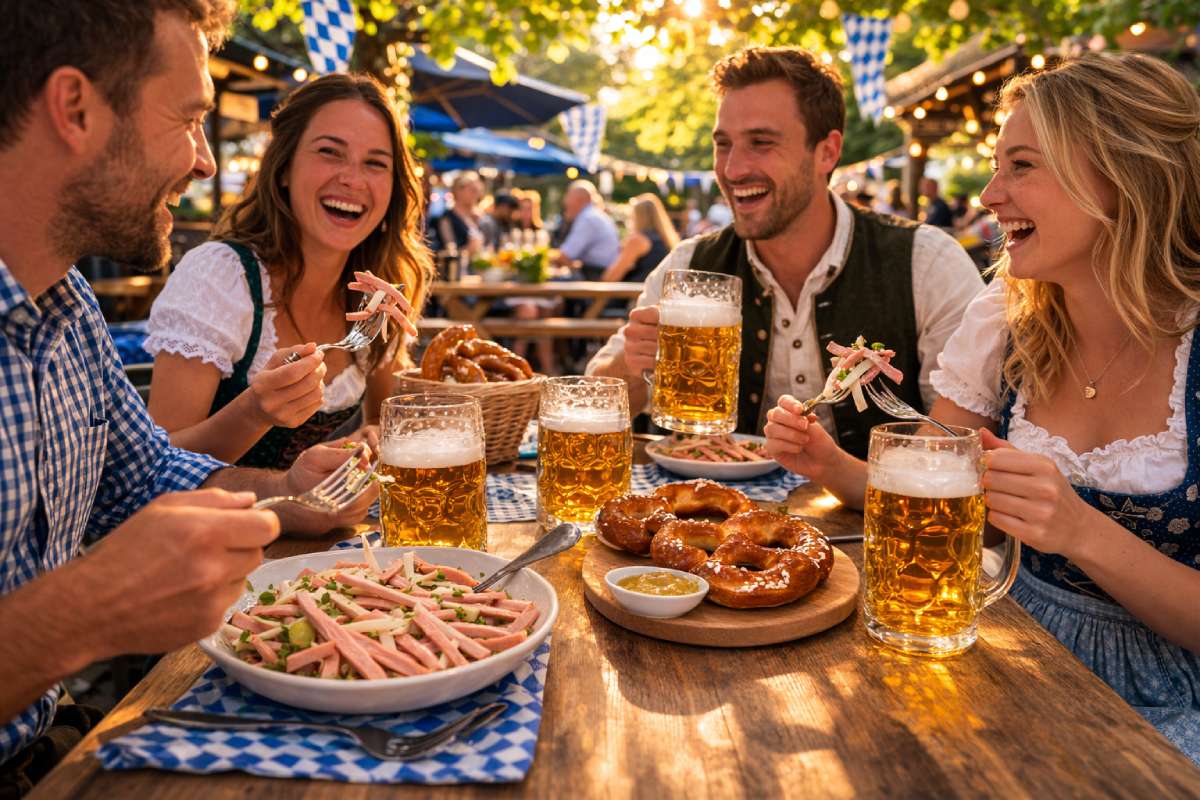 People enjoying Wurstsalat with pretzels and beer steins at a sunny Bavarian biergarten table.