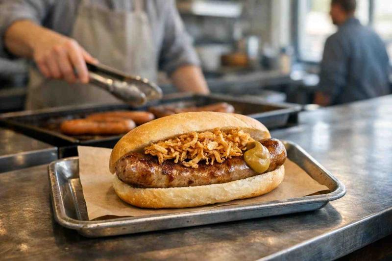 Photorealistic wide image of a bratwurst in a soft white roll with golden fried onions and a dollop of brown mustard on a craft-paper-lined stainless service tray on a café counter; a chef in a neutral apron reaches with tongs toward a hotplate in the blurred background — food is the clear focal point. Key phrase: German Sausage Lunch Specials.