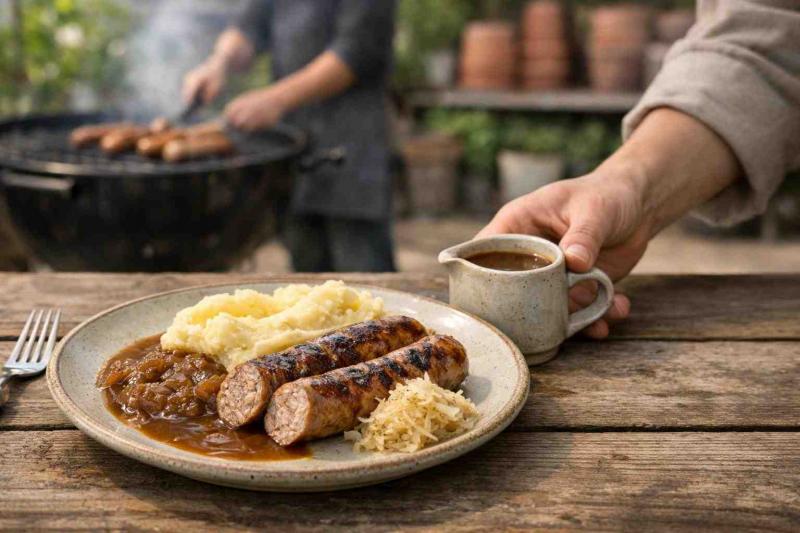 Plated Thüringer bratwurst with sliced sausages, creamy mashed potatoes, onion gravy in a jug and a spoonful of sauerkraut on a rustic ceramic plate on a wooden table at a garden centre BBQ, blurred chef and plant pots in background.