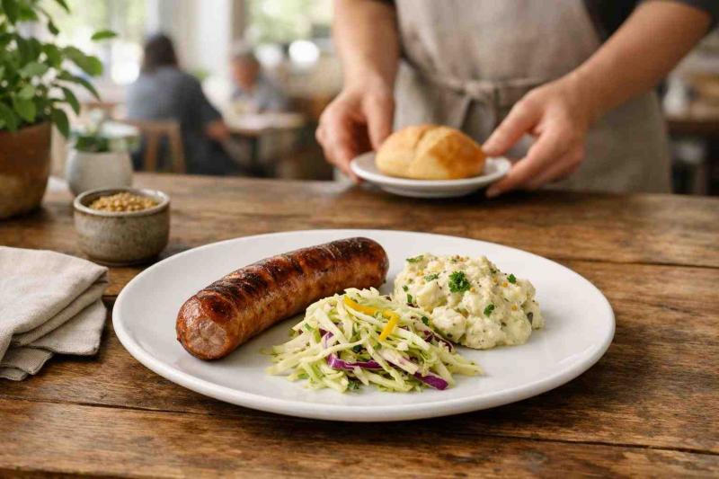 Wide banner: a white plate with a browned German sausage sliced at one end, a mound of creamy potato salad with herbs, and crisp cabbage slaw with lemon zest on a rustic café table; a server in a neutral apron places a bread roll in the midground, blurred café interior behind.