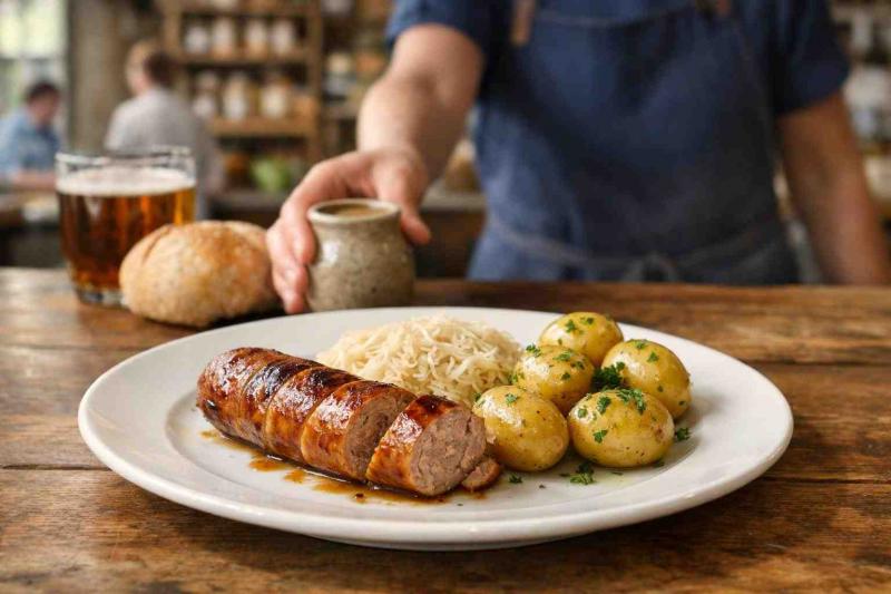 Wide banner photo of a white plate on a rustic café counter holding a sliced golden-browned bratwurst, pale sauerkraut and butter-glazed new potatoes sprinkled with parsley; a staff member in a navy apron places a small jug of mustard behind the plate with soft-focus bread roll, mug and farm-shop shelving in the background.