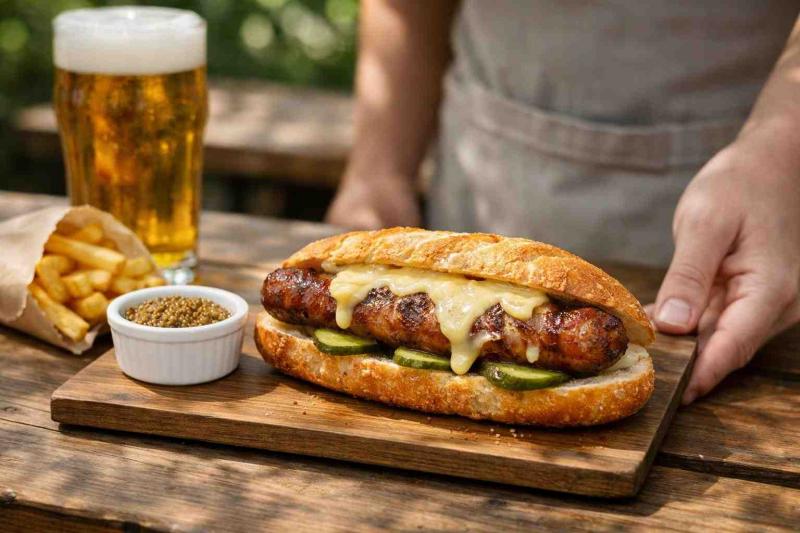Photorealistic beer-garden scene: a crusty baguette split open holding a browned bratwurst topped with melted semi-soft cheese and crisp dill pickle slices on a wooden board, mustard in a ramekin, paper-wrapped fries at the side and a blurred pint of lager behind; a server’s hand in a neutral apron places the board down, natural daylight filtered through foliage.