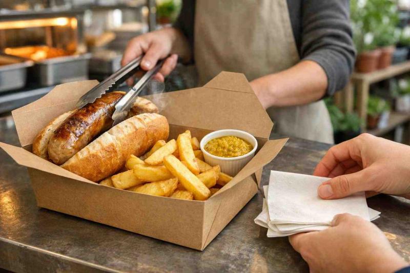 Open recyclable lunch box on a garden-centre counter with a browned bratwurst in a rustic roll, chunky chips and a paper ramekin of mustard sauce; a server in a neutral apron uses tongs to place the sausage while another hand reaches for a napkin. Stainless trays and potted plants are softly blurred in the background.