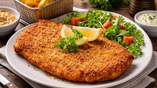 Jumbo Pork Schnitzel 250g served with fries, lemon wedges, salad and dipping sauce