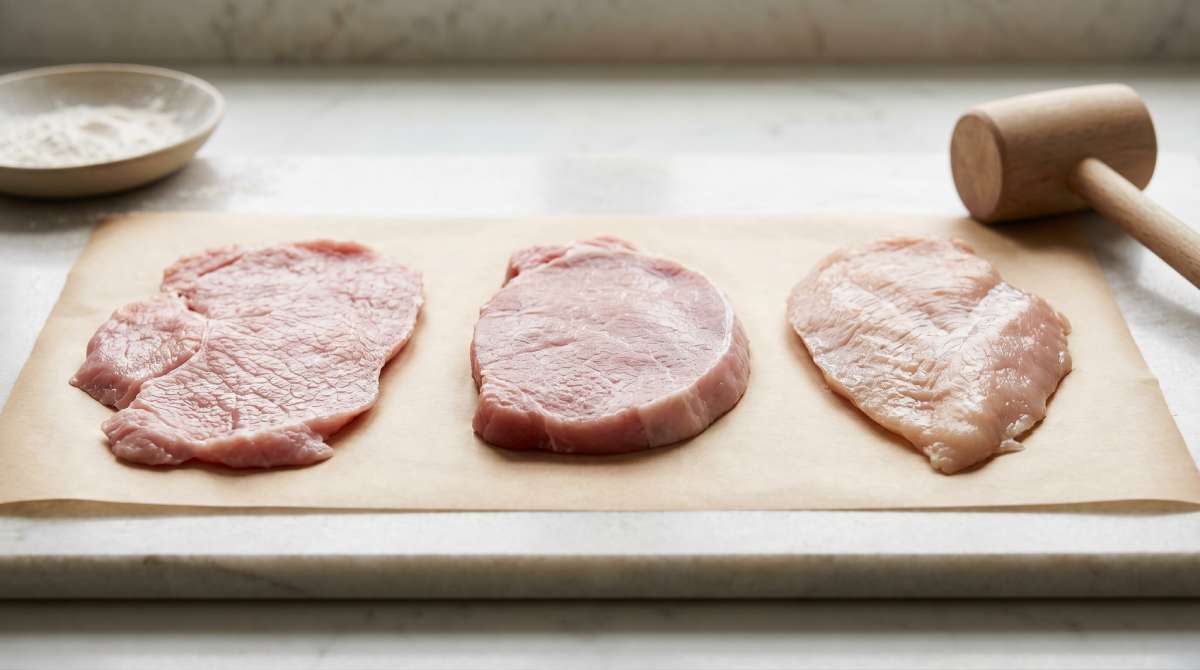 Veal, pork and chicken cutlets prepared for schnitzel on a clean kitchen work surface