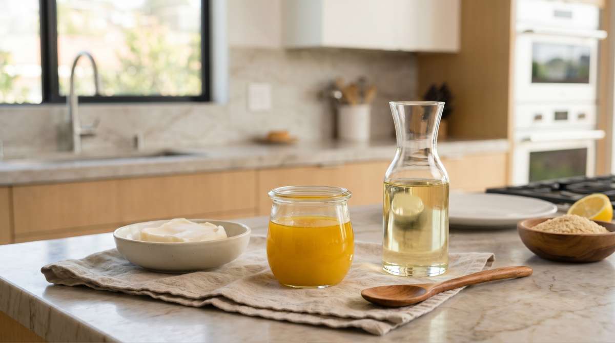 Clarified butter lard and neutral oil arranged on a kitchen counter for schnitzel cooking