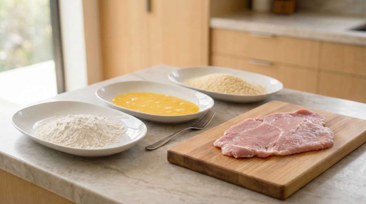 Flour beaten egg fine breadcrumbs and a thin pork cutlet arranged for schnitzel coating on a kitchen counter