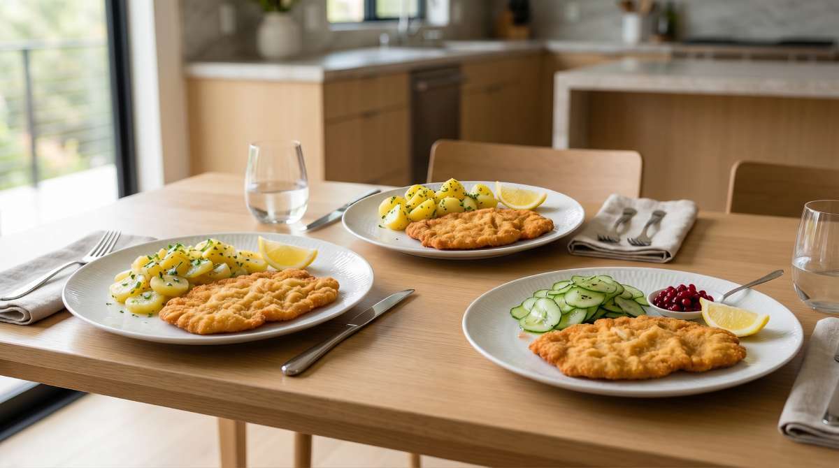Three plated schnitzel meals with parsley potatoes, cucumber salad, lingonberries and lemon on a wooden table