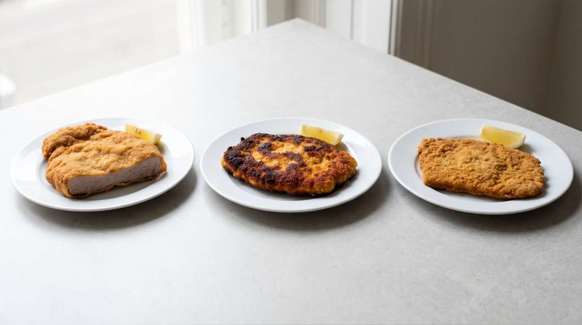 Three schnitzels showing common mistakes including too thick meat, overly dark crust and flat dense coating