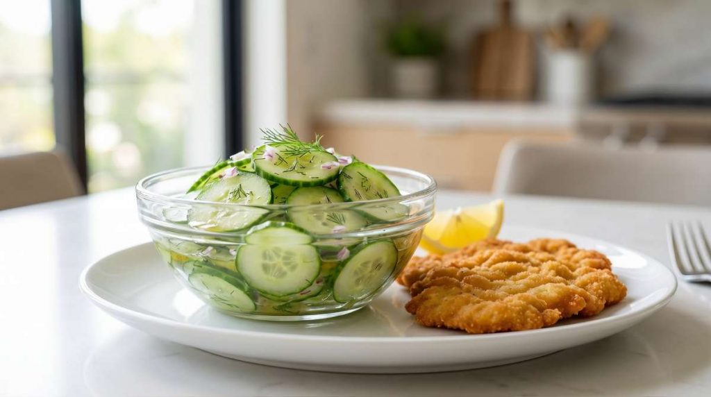 Cucumber salad with dill and red onion served beside schnitzel and lemon on a white plate