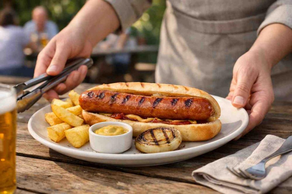 Photorealistic banner photo of a steaming Jumbo Pork Hot Dog on a toasted bun, with chips, mustard pot and grilled onion on a wooden beer-garden table; server hands place the plate down as pub patrons and greenery blur softly in the background — an appetising editorial image for farmfoods sausages.