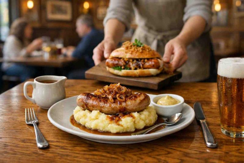 Photorealistic gastropub table with a plated pork bratwurst, mashed potatoes, caramelised onions and a jug of gravy; a server in a neutral apron sets down a bun with fried onions in the mid-ground — farmfoods sausages.