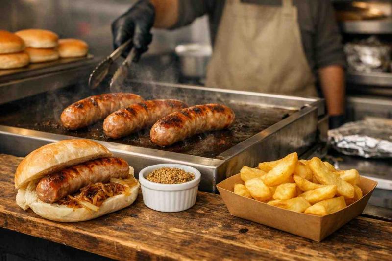 Three German-style Farmfoods sausages sizzling on a stainless flat-top in a food-truck grill station, with a halved sausage in a toasted bap, caramelised onions, mustard and chunky chips on a wooden passthrough shelf — vendor at the grill in soft focus behind.