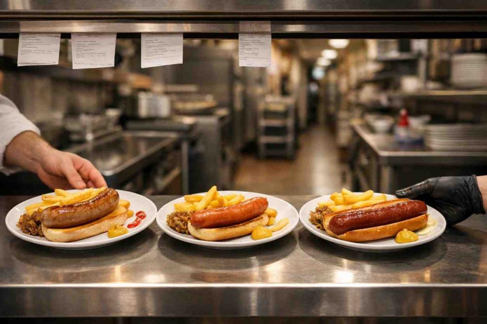Kitchen corridor pass with plated farmfoods sausages — three white plates each showing a German-style sausage with toasted buns, mustard, caramelised onions and chips, a chef placing plates and a gloved server collecting them.