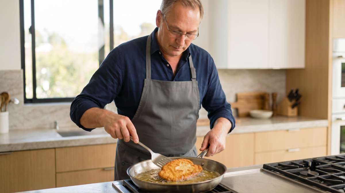 Author frying a schnitzel in a pan with hot shallow fat in a modern kitchen