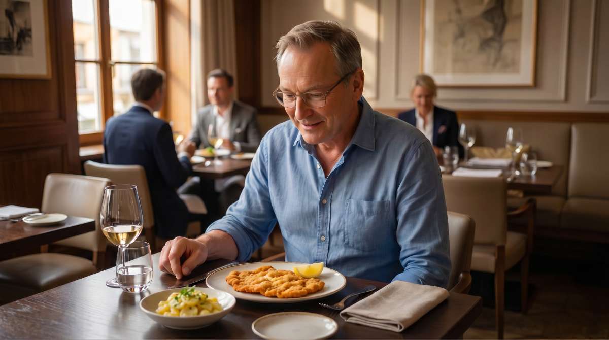 Author seated in an elegant restaurant looking at a plated schnitzel with lemon and potato salad