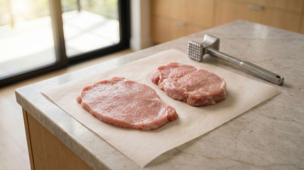 Thin and thicker raw pork cutlets for schnitzel shown side by side on a kitchen counter