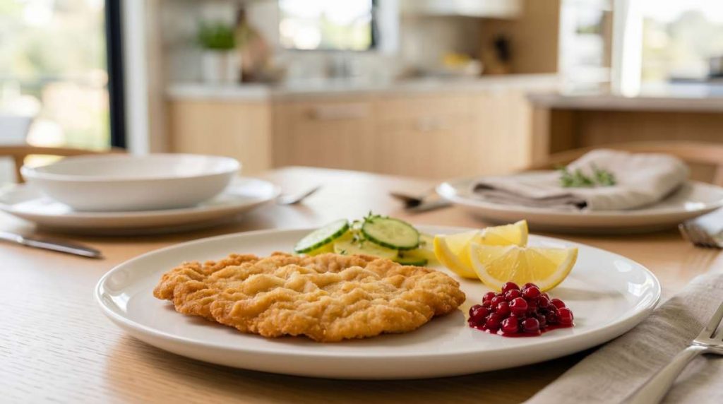 Schnitzel served with lemon wedges and lingonberries on a white plate