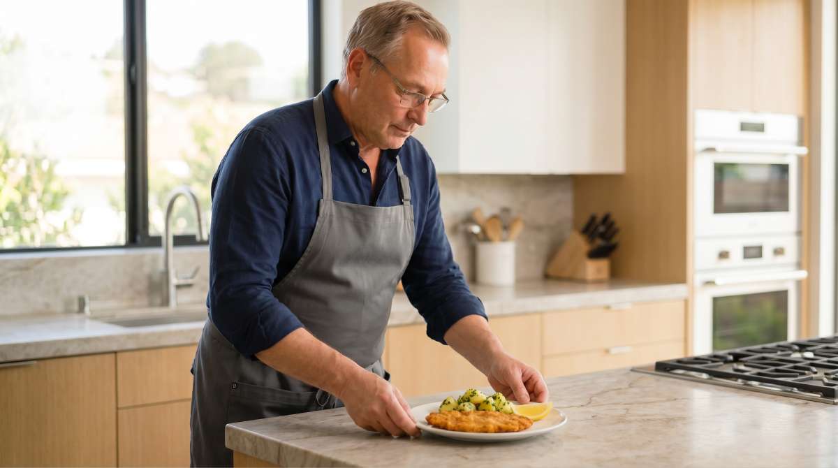 Author placing a plated schnitzel with parsley potatoes and lemon on a kitchen counter