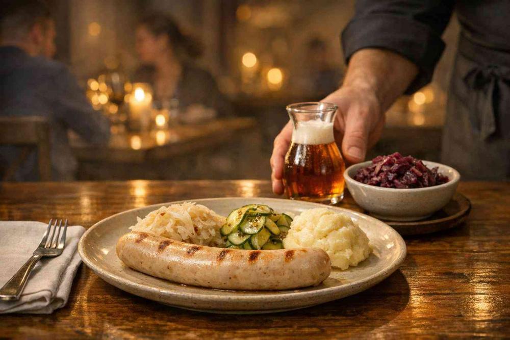 german side dishes - Candlelit restaurant table for two with a plated German bratwurst and three side dishes — sauerkraut, mustard-cucumber salad and mashed potato — a server places a carafe of amber beer and bowl of red cabbage in soft-focus background; warm intimate lighting highlights how the sides balance the rich sausage.