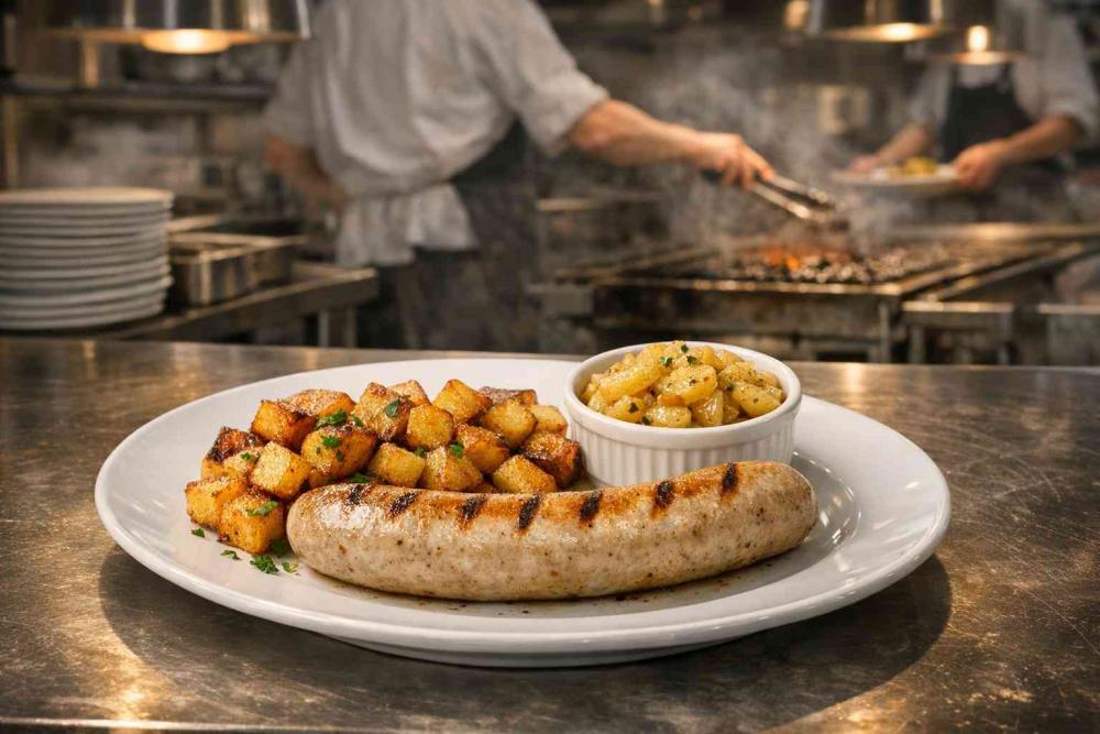 Plated German bratwurst with crispy pan-fried potato cubes and a ramekin of warm vinegar-and-mustard potato salad on a white plate at a stainless-steel kitchen pass, chefs working in the blurred background – german side dishes.