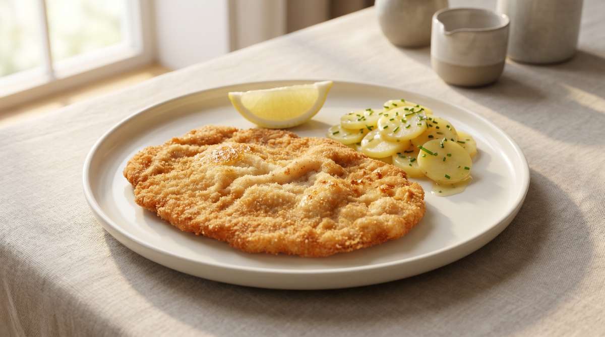Thin golden schnitzel with lemon wedge and parsley potatoes on a white plate in soft natural light
