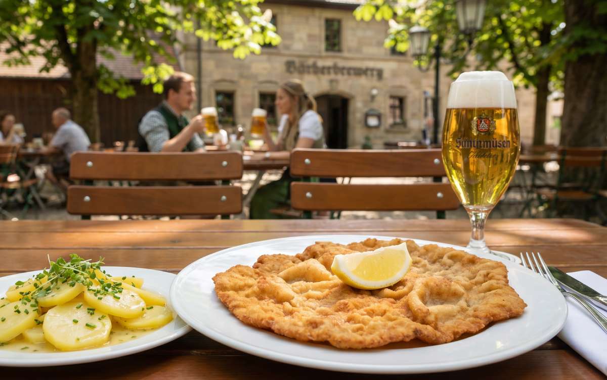 Veal schnitzel with lemon and Swabian potato salad served in a traditional beer garden