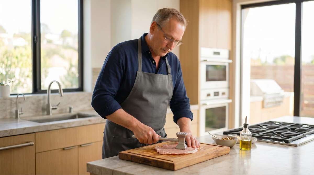 Author pounding a schnitzel cutlet thin on a wooden board in a modern kitchen