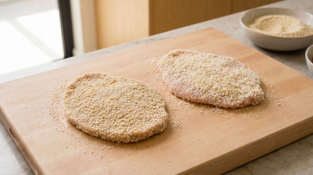Two breaded schnitzel cutlets on a wooden board showing dense pressed coating and lighter looser coating