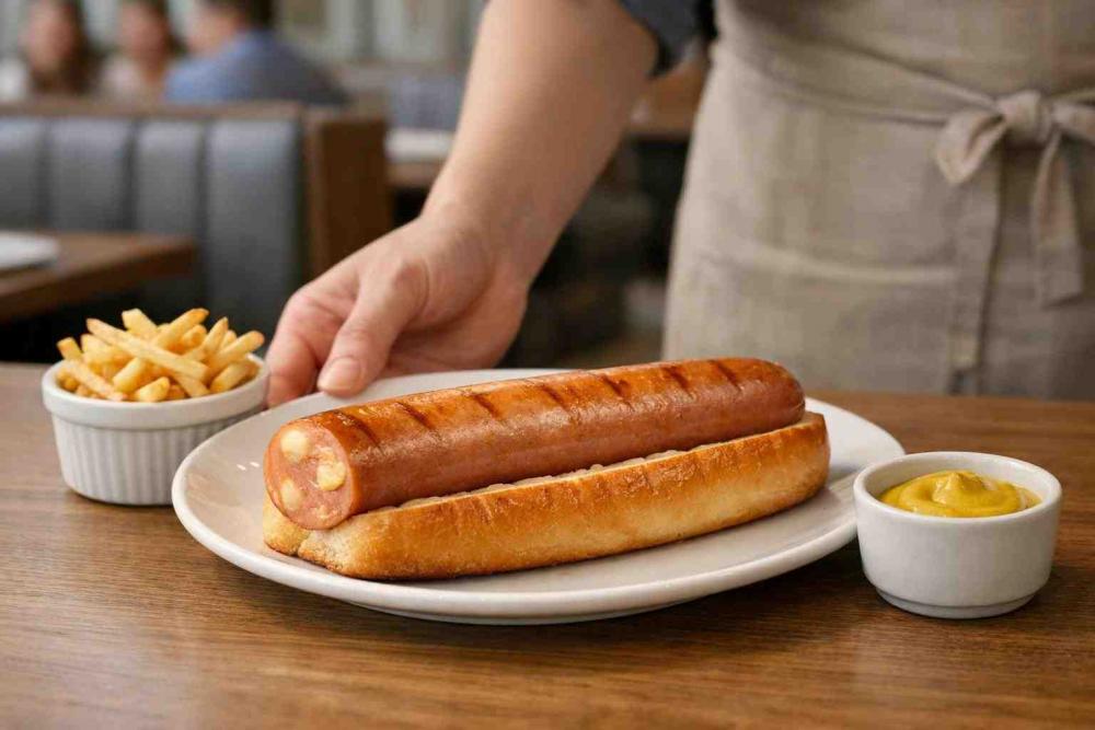 A plated premium cheese frankfurter in a toasted bun on a booth table, sliced once at the end to show small pockets of melted cheese; a ramekin of shoestring fries and a small pot of mustard beside it, a server's hand placing the plate, blurred banquette seating in the background.