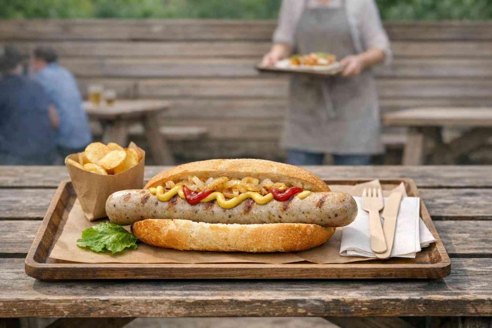 Photorealistic beer-garden banner: a classic bratwurst in a lightly toasted roll on a wooden tray with sautéed onions, mustard and ketchup, modest chips in kraft paper, napkin and disposable liner on a communal bench; out-of-focus server and timber fence in the background — sausage gross profit.