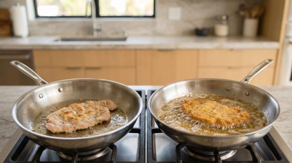 Two pans showing schnitzel frying with too little fat and with proper shallow frying fat in a modern kitchen