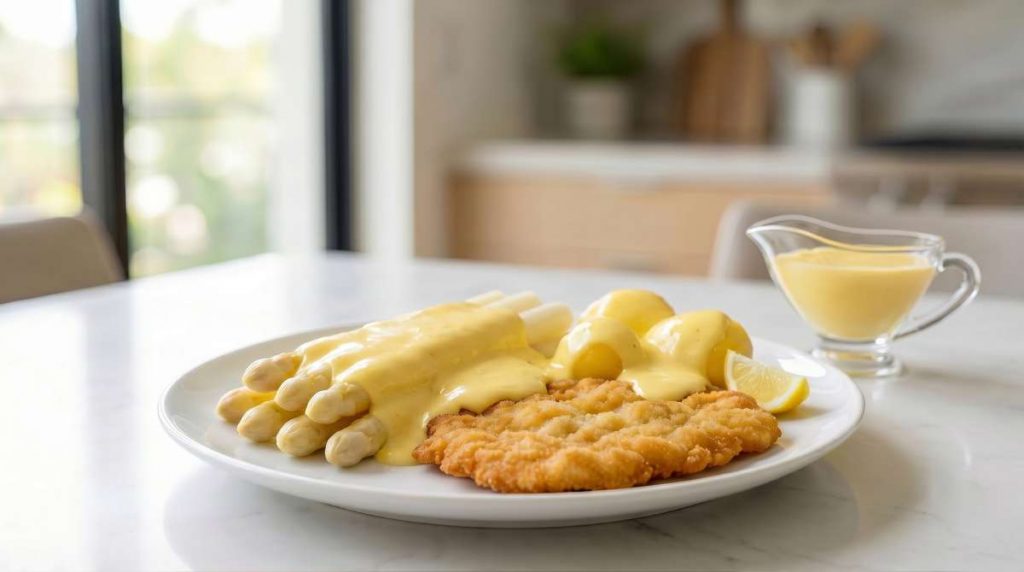 A refined spring schnitzel dish with white asparagus, classic hollandaise and simple steamed potatoes - elegant, seasonal and deeply satisfying.